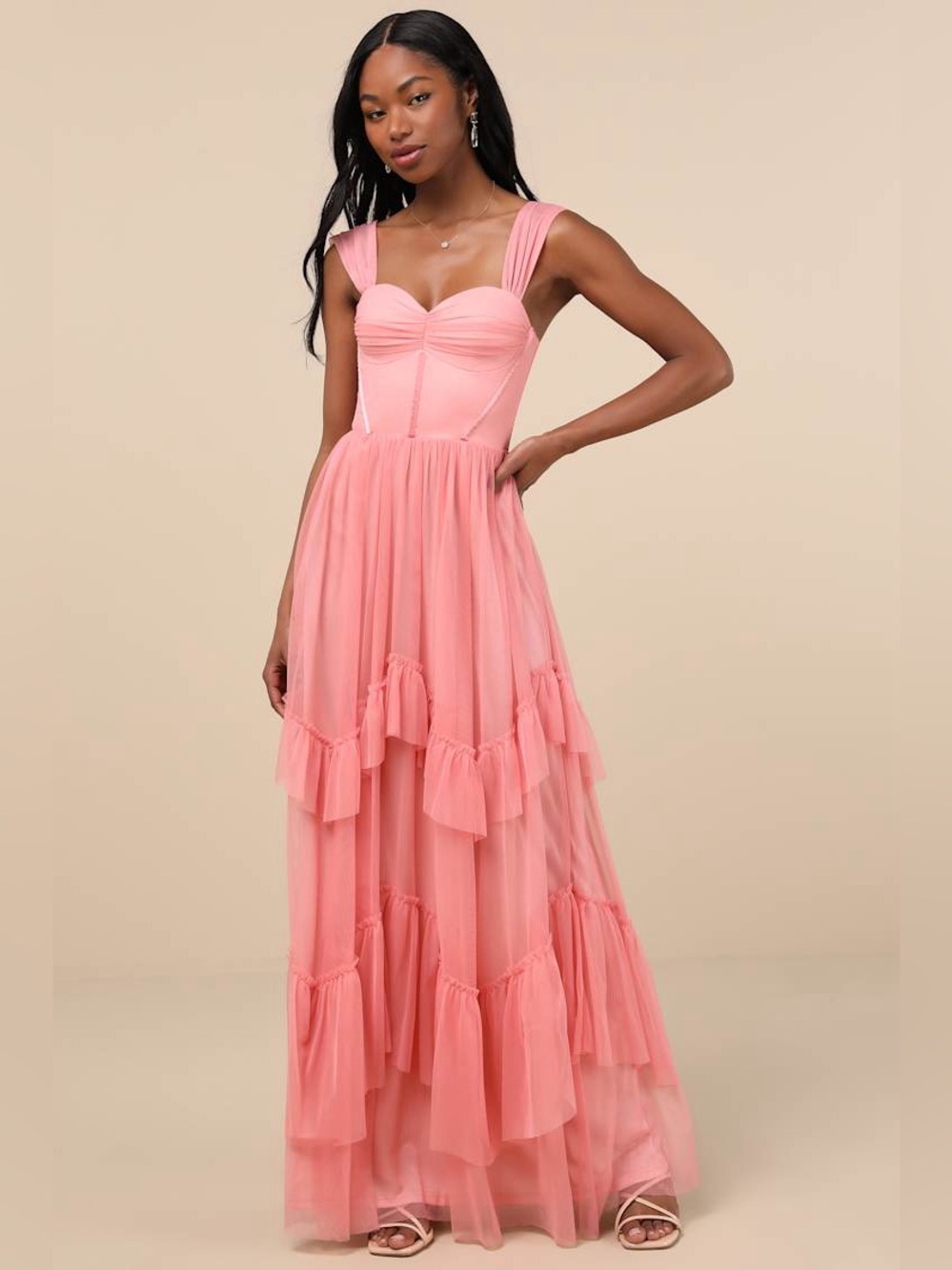 Lulus Stunning Personality Pink Mesh Off-the-Shoulder Maxi Dress